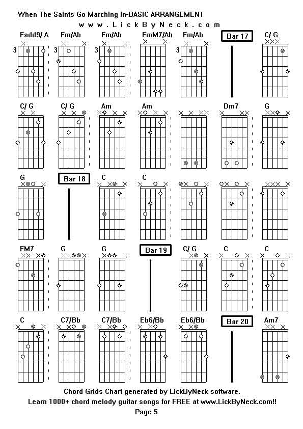 Chord Grids Chart of chord melody fingerstyle guitar song-When The Saints Go Marching In-BASIC ARRANGEMENT,generated by LickByNeck software.